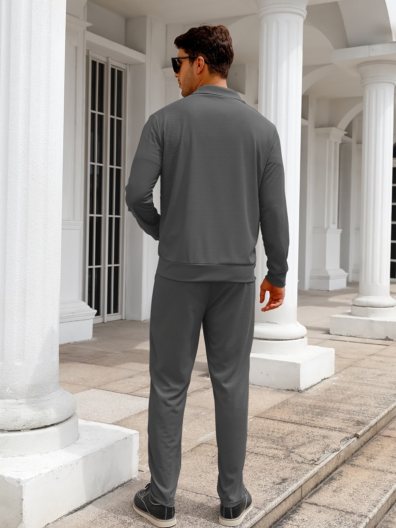 Men's Solid Waffle 2pcs Athletic Outfits, Zip-up Jacket & Pants co ord set for Outdoor Sports
