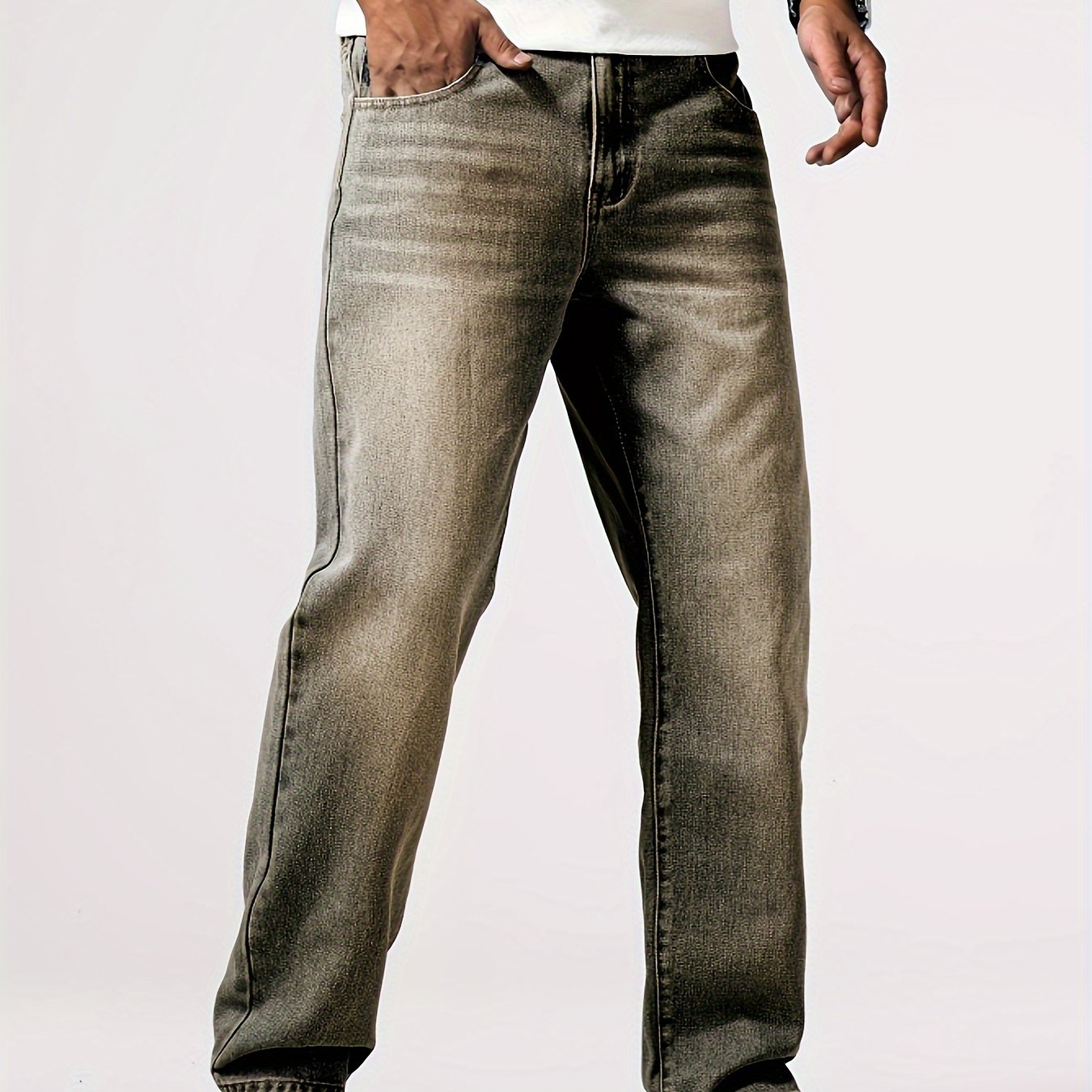 Men'S Loose Fit Straight Leg Jeans, Cotton 85% Polyester 15% Denim, Washed Solid Color Casual Style