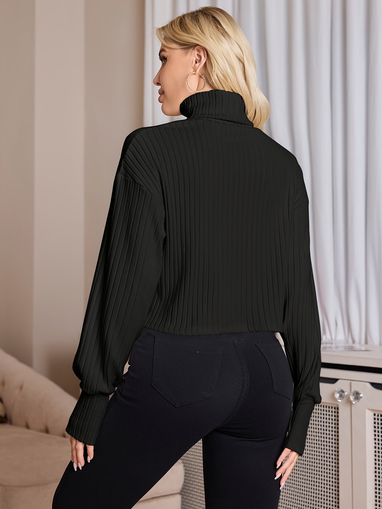 Women'S High Neck Knit Turtleneck T-Shirt, Solid Color Polyester 95% Spandex 5% Blend, Short Length, Fall/Winter Collection, 210g/m² Knit Fabric