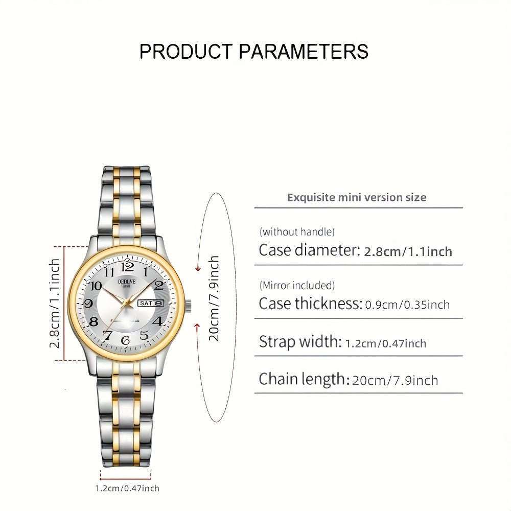 DEBLVE Women'S Watch - Glowing Face, Steel Strap, Week Calendar Display, Perfect Present for Birthdays, Celebrations, And Anniversaries