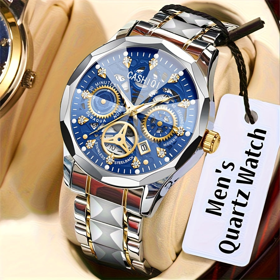 CASHIQI Brand Men'S Steel Strap Quartz Watch with Rhombus Dial, Sparkling Decoration, Calendar, And Luminous Display, IPX7 Waterproof Hollow Quartz Watch for Business, Travel, And Casual Wear - A Perfect Gift Choice.