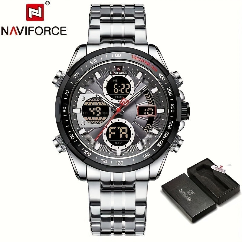 NAVIFORCE Men's Luxury Sports Quartz Watch - Waterproof, Genuine Leather Strap, Dual Display with Date & Chronograph Functions, Case, Green Accents, Luxury Timepiece|Tachymeter Equipped|Genuine Leather Band Valentine's Day