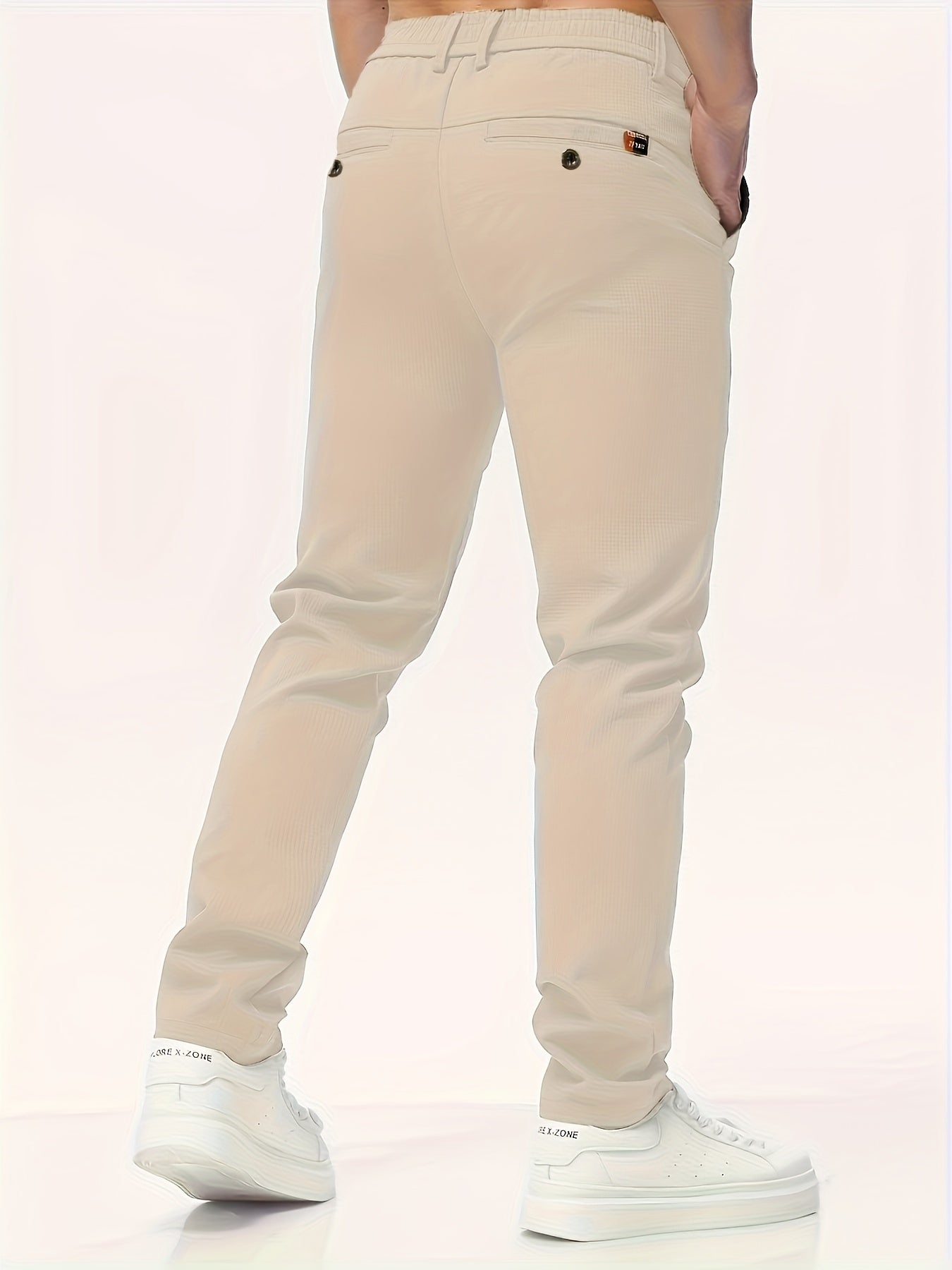 Men's Casual Solid Color Pants - Polyester, Machine Washable, Button Detail, Regular Fit for All Seasons