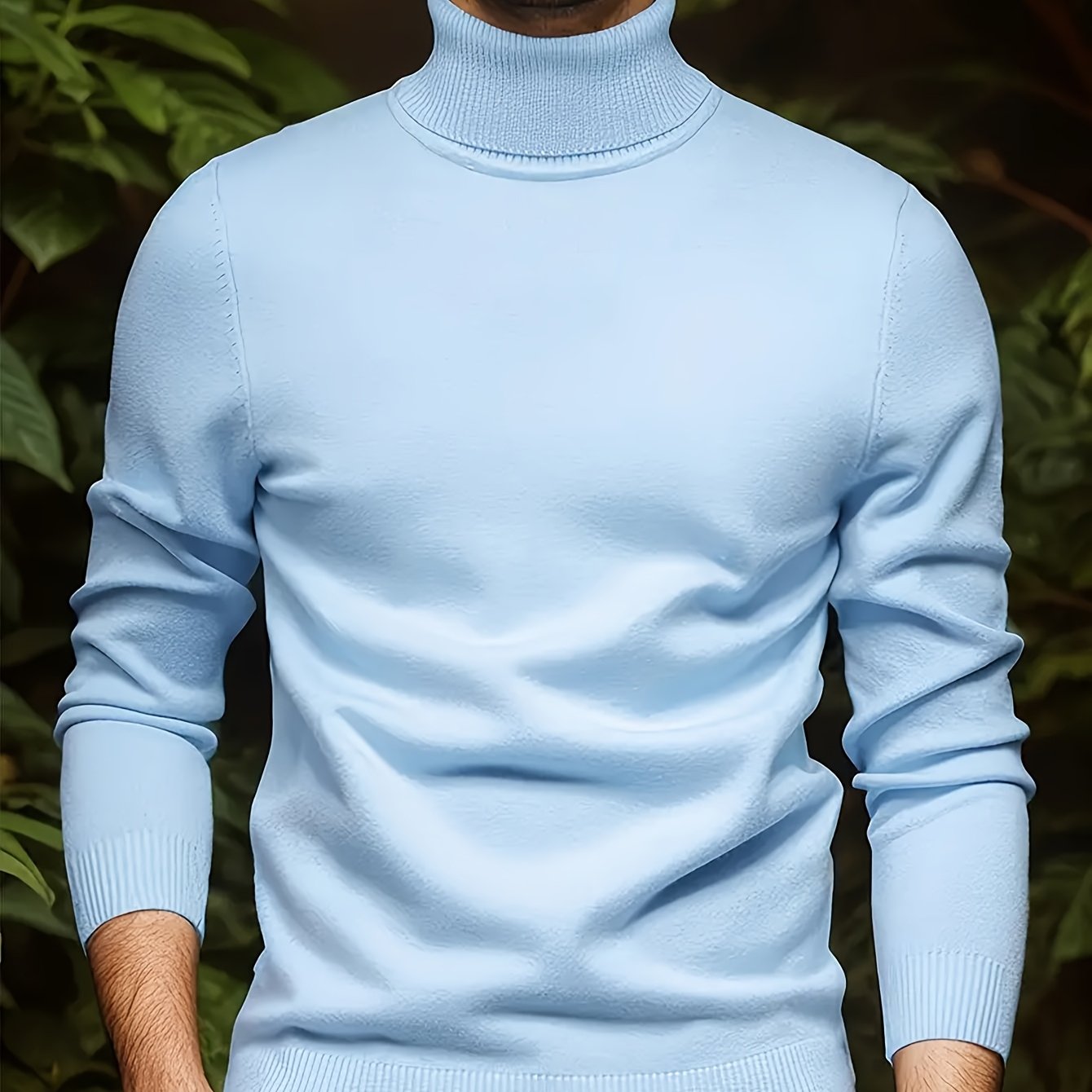 Men's Sleek Light Blue Turtleneck Sweater - Casual Knit Pullover with Ribbed Cuffs, Long Sleeves for Fall/Winter, Soft Viscose Blend
