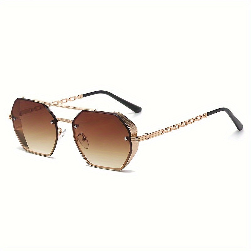 1pc Stylish Polygonal Golden Frame Fashion Glasses with Chain Link Design - Black Metal Fashion Glasses for Fashion-Forward Look