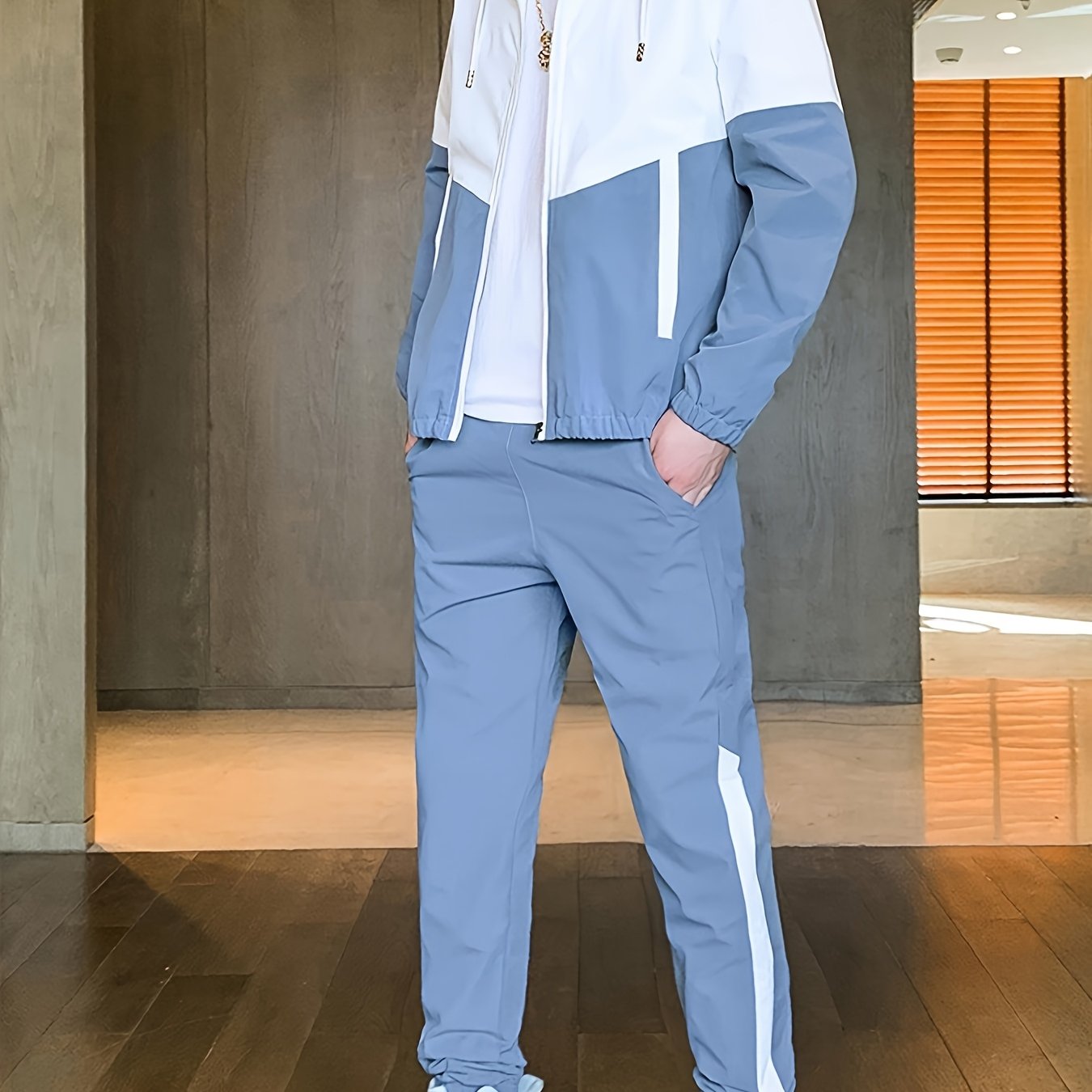 Men'S Casual Color Block Hoodie and Jogger Set, Long Sleeve, Regular Fit with Pockets, Suitable for Autumn and Winter