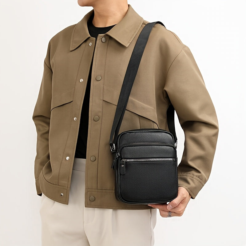 Men'S Genuine Top-Grain Leather Crossbody Sling Bag - Casual Style, Adjustable Strap, Large Capacity Shoulder Handbag for Going Out