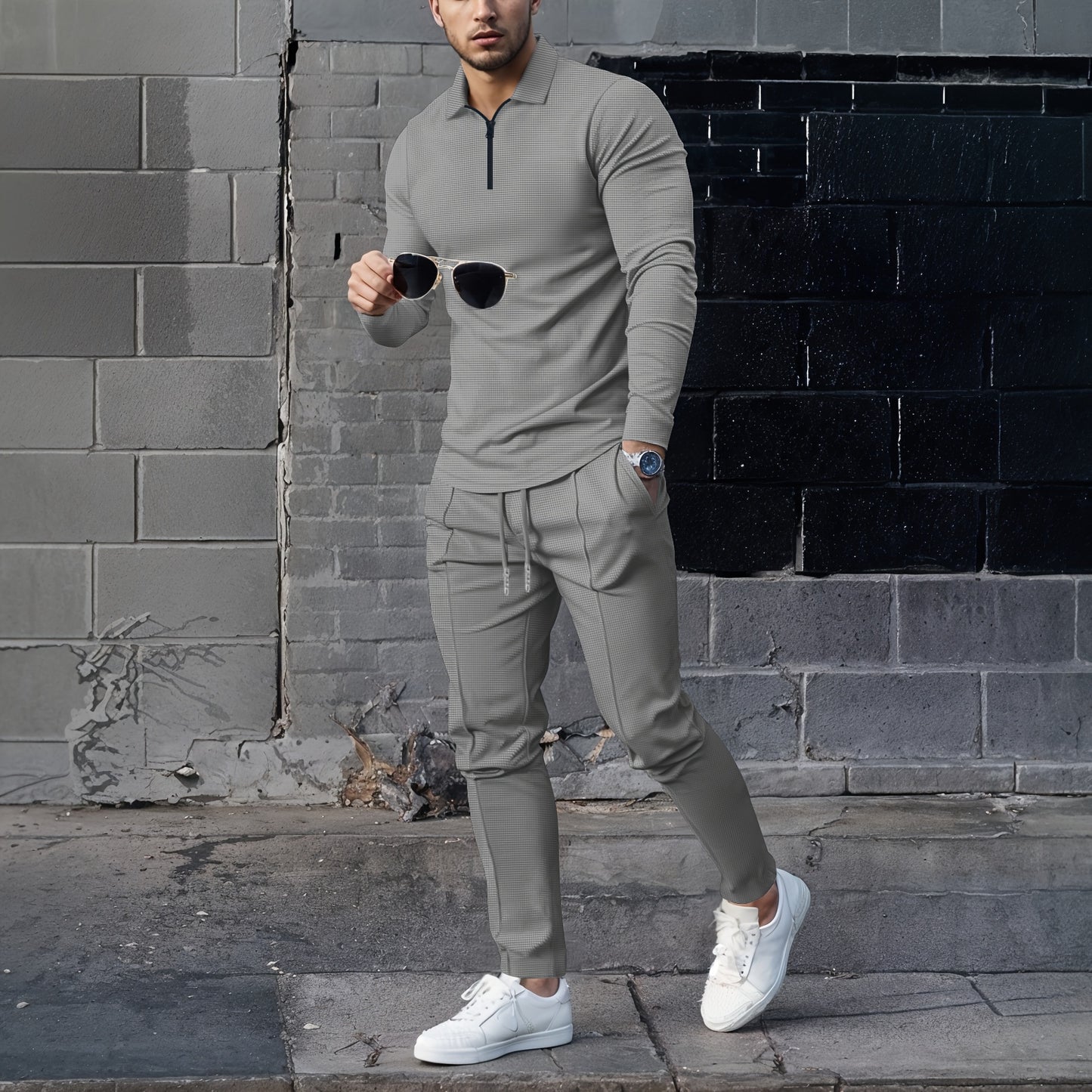2025 collar half zipper long sleeved two-piece set, collar zipper allows for free breathing, casual pants to wear, knitted fabric is softer, multi color and multi style, Men's solid color is simple and not simple.
