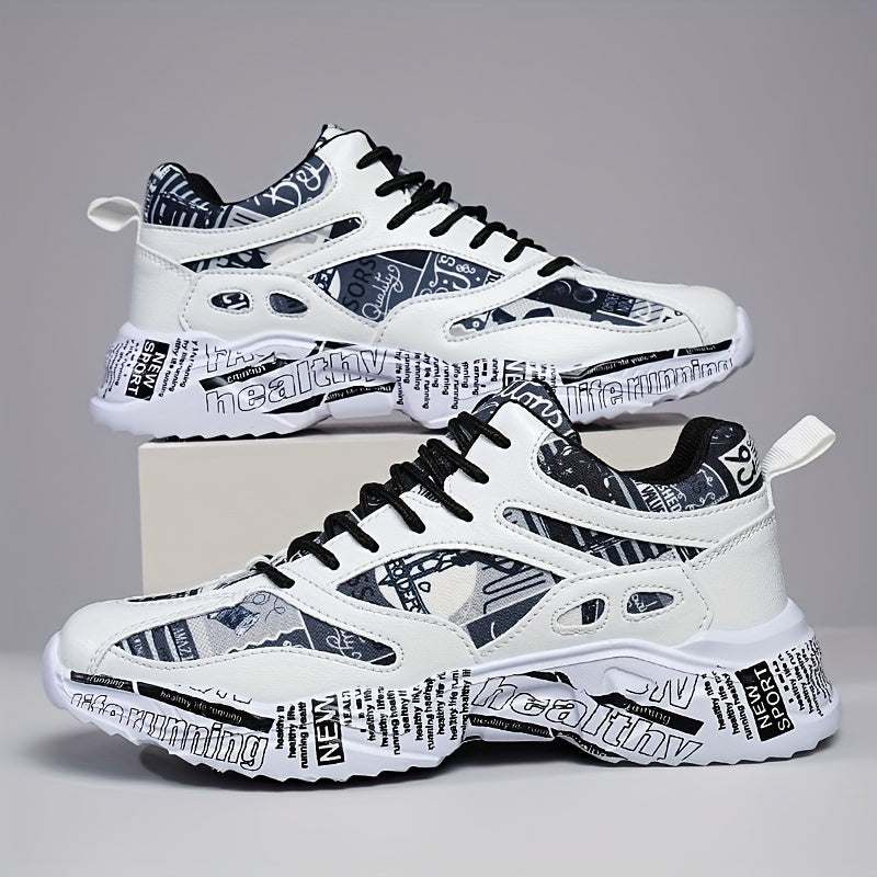 Men'S & Women'S Graffiti Couple Sneakers, All-Season Lightweight Cushioned Running Shoes, Stability Pronation, Cartoon Pattern, MD Sole, EVA Insole, Polyurethane Upper, Fabric Lining