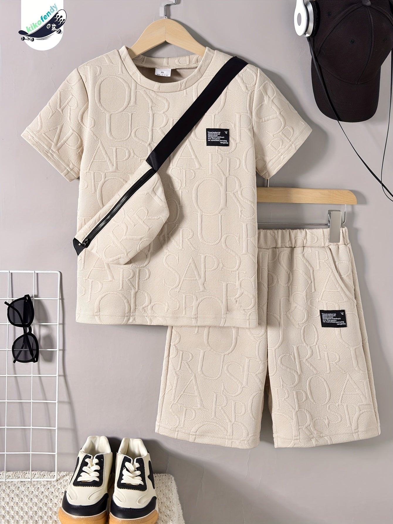 Boys' Stylish White Short Sleeve T-Shirt + Casual Shorts + Fashion Crossbody Bag Set, Perfect for Outdoor