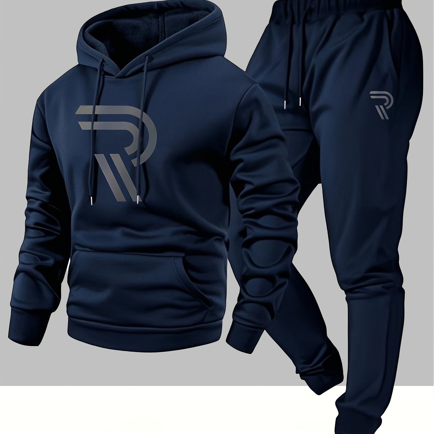 Men'S Sporty Two-Piece Hoodie and Pants Set - Gray with Black Logo, Non-Stretch Fabric, Regular Fit, Pockets, Ideal for Fall/Winter, Casual Wear|Hooded Sweatshirt|Pocketed Pants, Sweater Hoodie