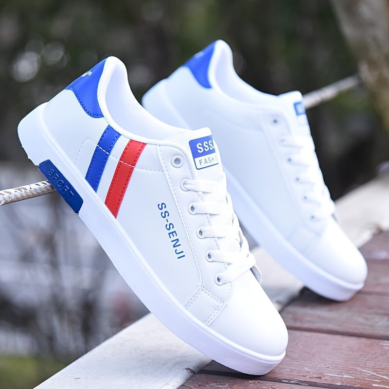 Men'S Fashion Sneakers, White PU Low Top Lace-up Casual Walking Shoes, Solid Striped Design, Breathable Non-Slip, All-Season, Round Toe, Fabric Inner, PVC Sole, Cloth Insole - Preppy Vintage Style
