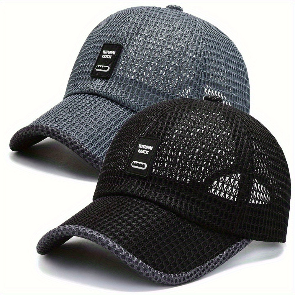 2pcs Unisex Quick-Dry Breathable Mesh Baseball Caps - Adjustable Lightweight Summer Sun Hats with Geometric Textured Design for Outdoor Sports, Football Games & Casual Streetwear (Black & Gray), Game Day Accessories, Durable