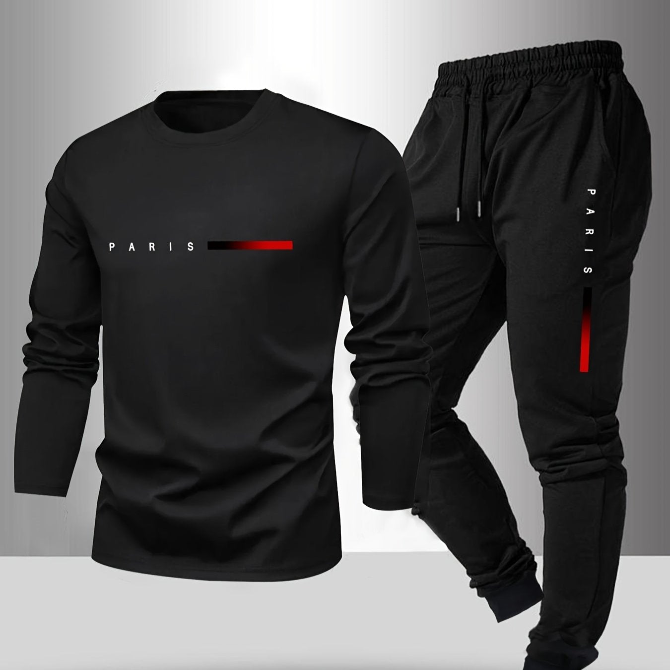 Men's Long Sleeve T-shirt and Pants Set, Spring/Autumn 2pcs set with Paris letter print round neck long sleeve T-shirt + drawstring outdoor casual sports pants set of 2