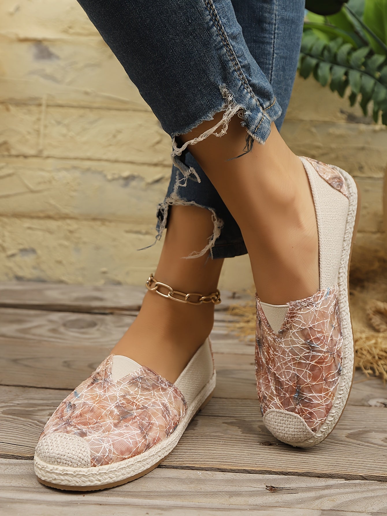 Women's Breathable Slip-On Loafers - Soft Sole Casual Walking Shoes, Lightweight & Comfortable, Beige Floral Pattern Fabric Upper, PU Cover Sole, Perfect for Casual Attire, Allseason Loafers | Slipon Comfort | Soft Sole Shoes