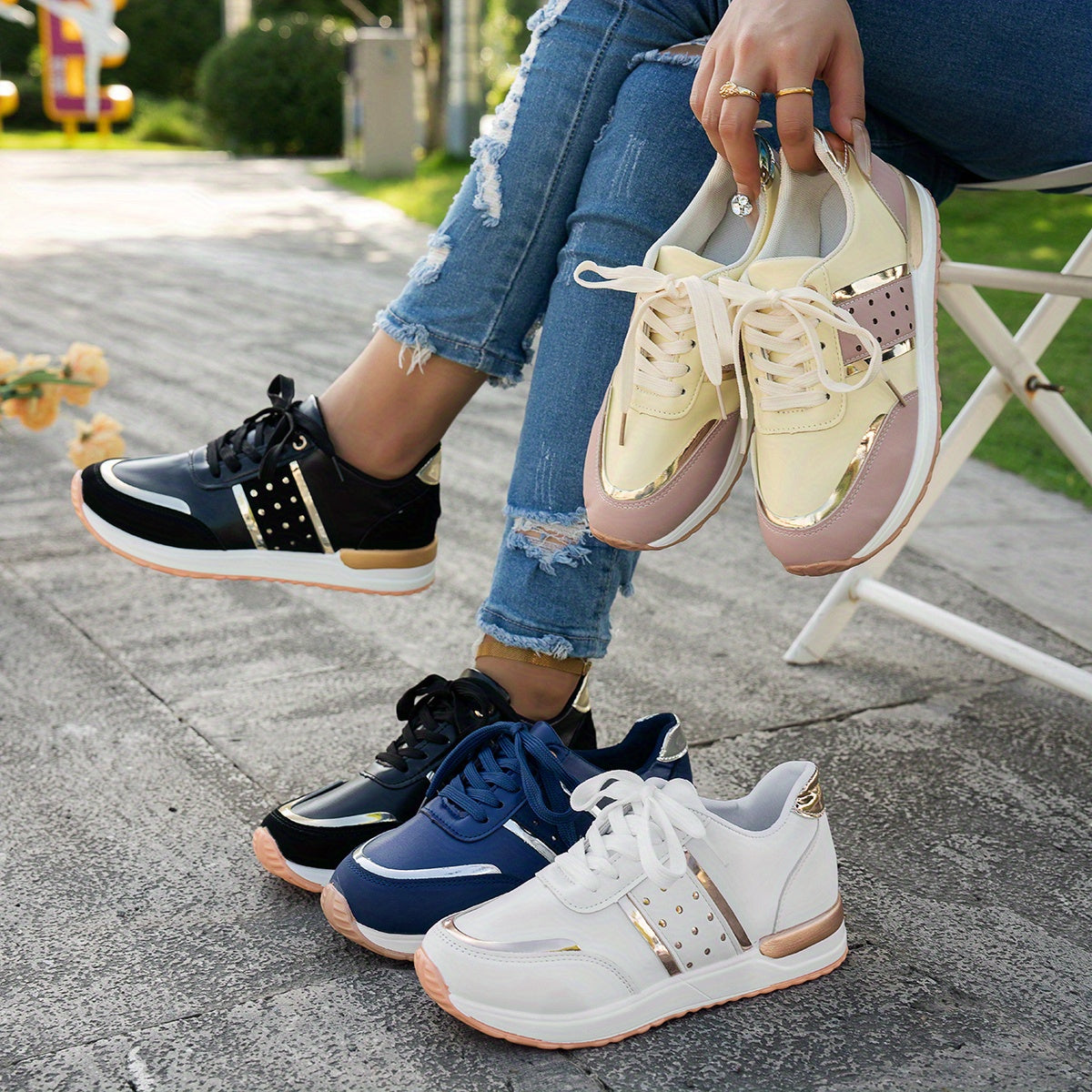 Women'S Chunky Platform Sneakers - Pastel Yellow & Pink Synthetic Cover Low-Top Lace-Up Shoes with Golden Accents, Breathable Fabric Lining, Durable PU Sole for All-Season Casual Wear, Ladies Sneakers, Comfortable Footwear