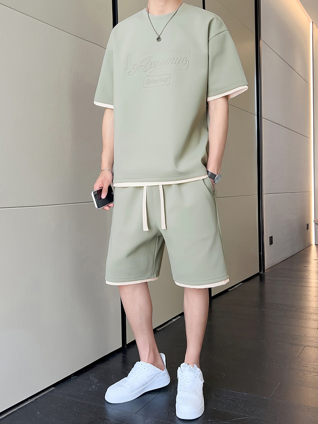 Men's Casual Fashion Sportswear Set - Light Gray "DREAMS" Print T-Shirt & Shorts, 100% Polyester, Machine Washable, Summer Outfit