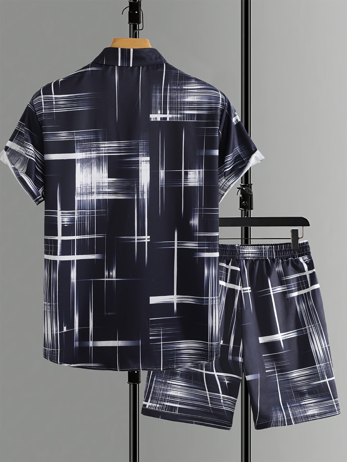 Men'S Stylish Gradient Shirt Set - Brown & White Geometric Pattern, Short Sleeve with Pocket, Loose Fit Shorts, Perfect for Beach, Camping, Fishing & Outdoor Activities, Casual Attire|Geometric Pattern Shirt|Woven Fabri