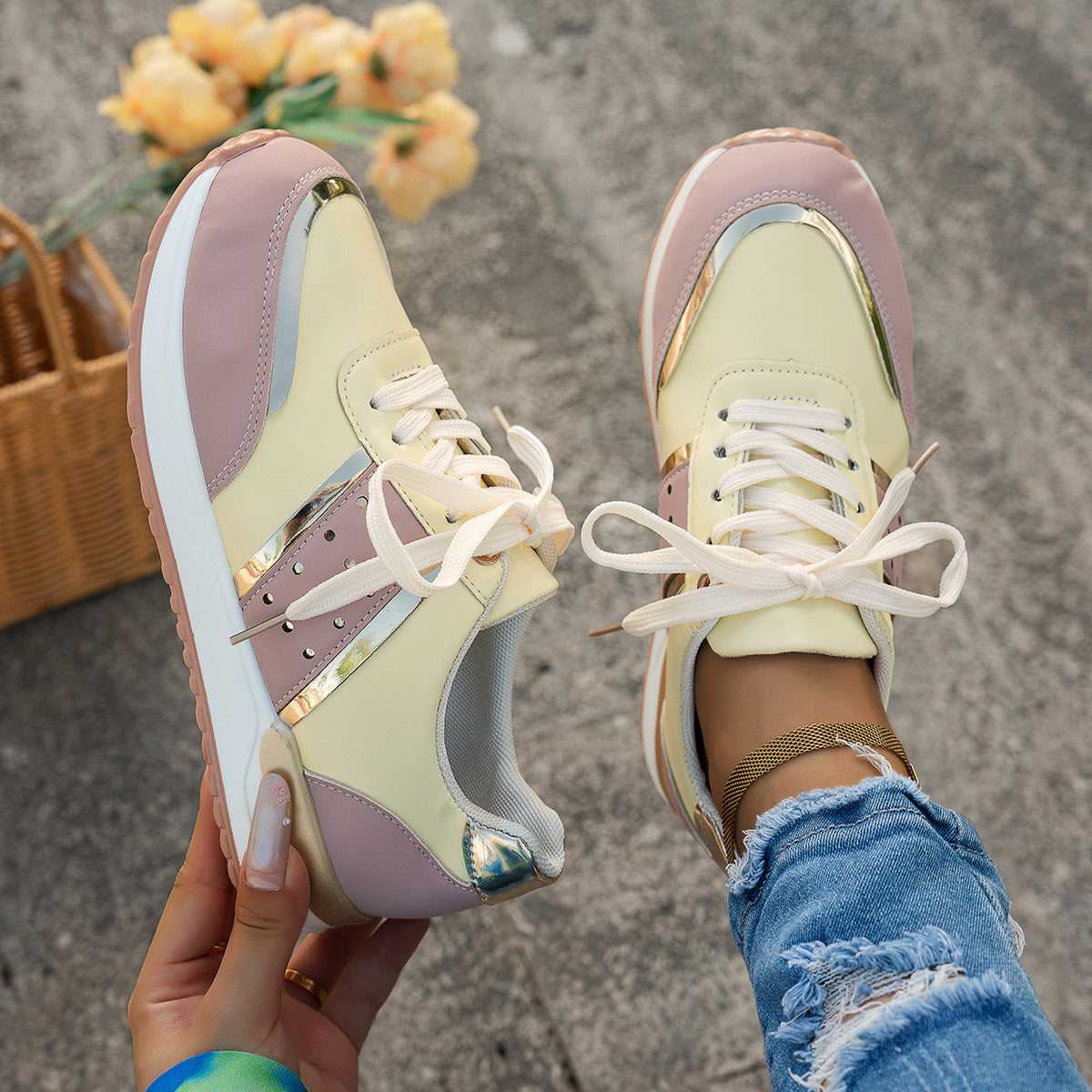 Women'S Chunky Platform Sneakers - Pastel Yellow & Pink Synthetic Cover Low-Top Lace-Up Shoes with Golden Accents, Breathable Fabric Lining, Durable PU Sole for All-Season Casual Wear, Ladies Sneakers, Comfortable Footwear