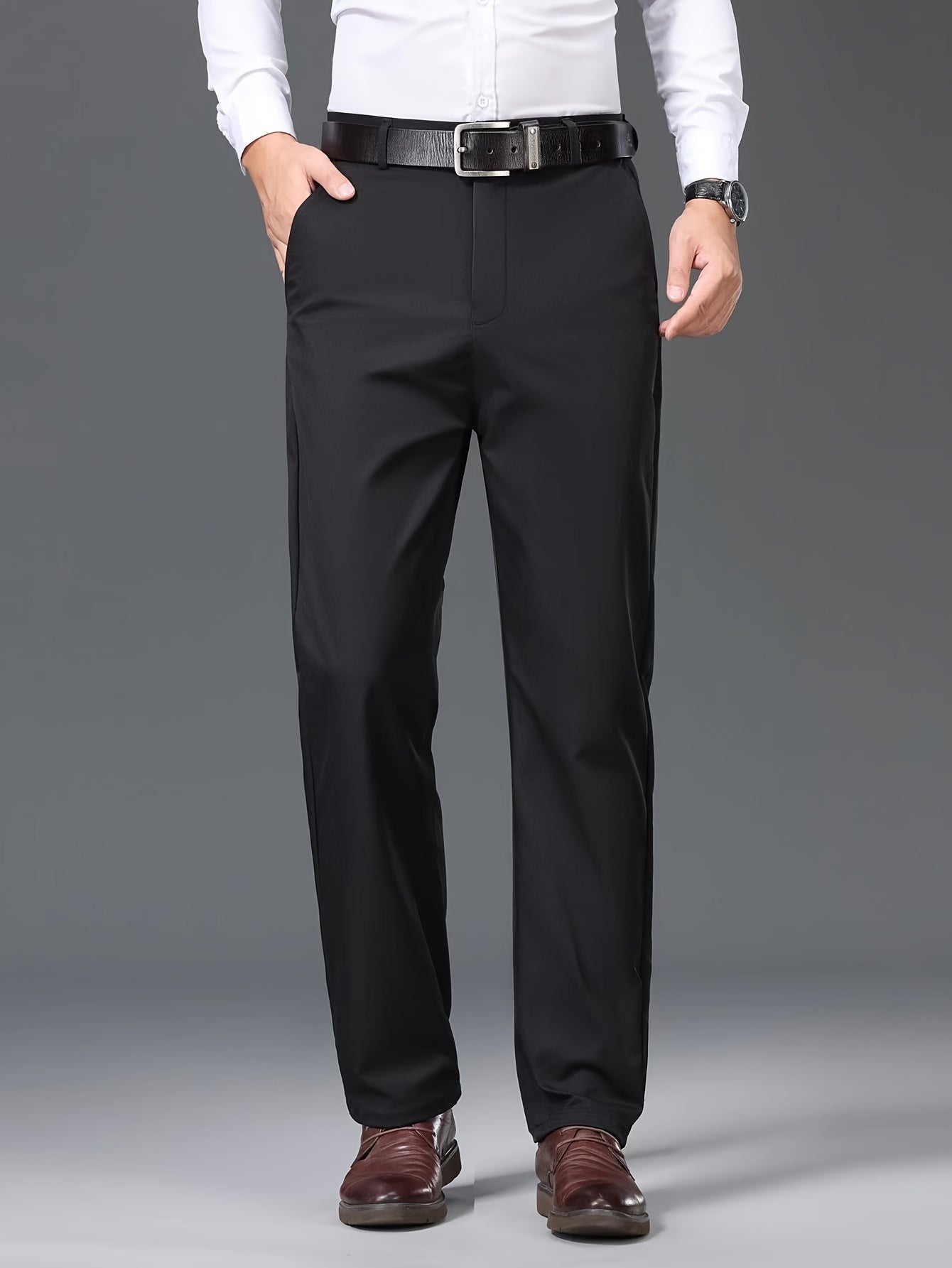 1pc Men'S Spring/Fall Light Business Casual Straight Leg Pants, 100% Polyester, Solid Color, Slight Stretch, Mid Waist, Regular Fit, Zipper Fly, Woven, No Lining - Versatile for Work and Casual Occasions
