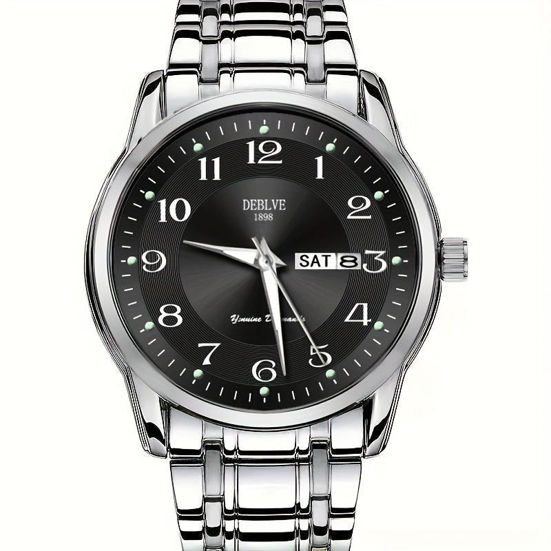 DEBLVE Men'S Fashionable Stainless Steel Watch with Luminous Numbers, Calendar & Week Display - Quartz Movement, Business Style, Ideal for Travel & Daily Use
