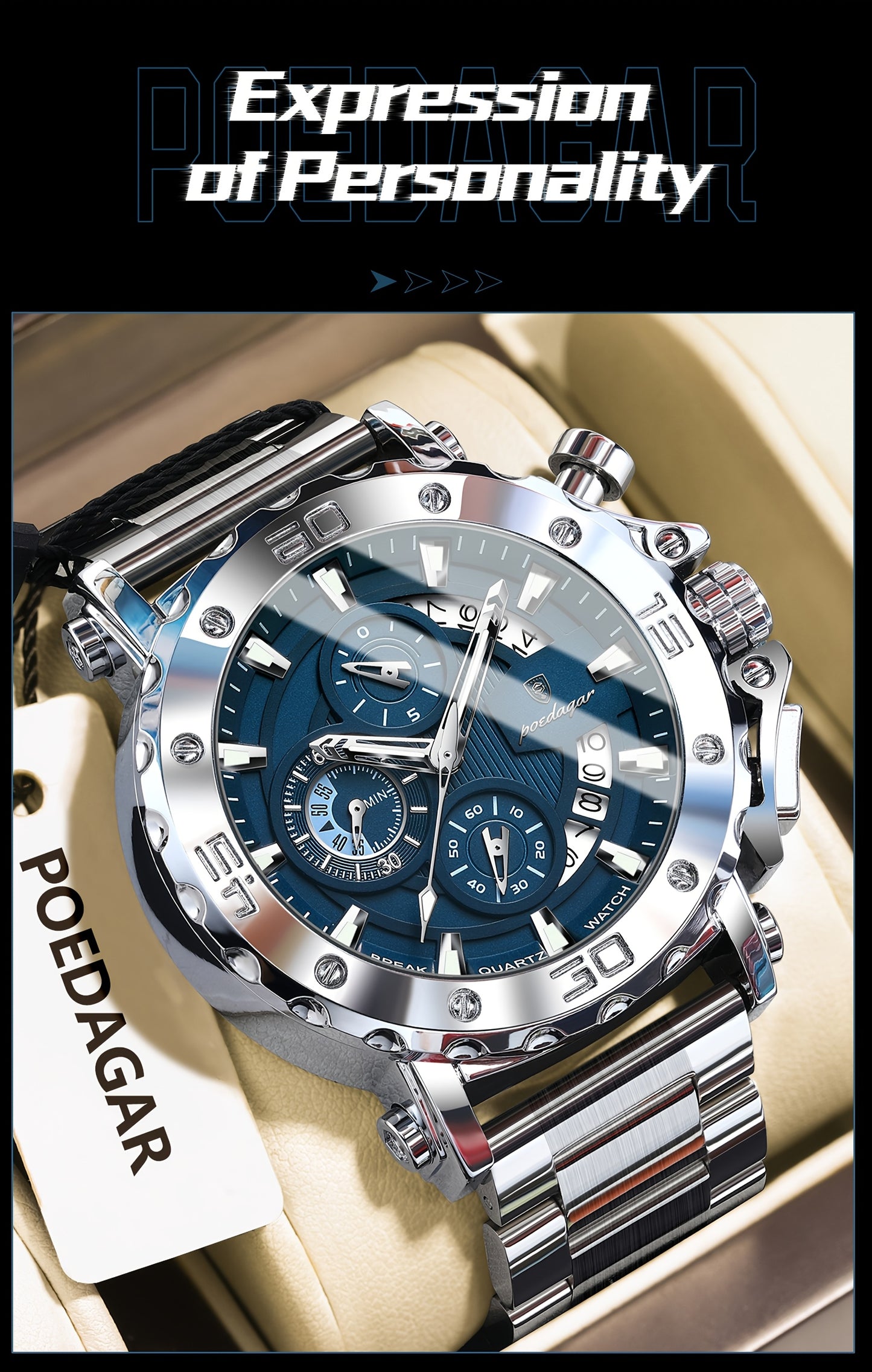 POEDAGAR Men'S Luxury Stainless Steel Business Watch with Date Display, 3ATM Blue Dial, Rotating Bezel, Alloy Case, Quartz Movement - Elegant Formal Accessory, Formal Accessory|Luxurious Watch|Quartz Movement Watch