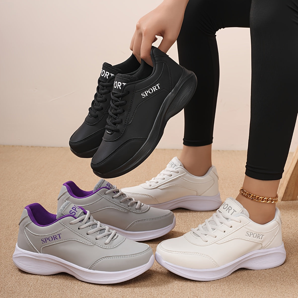 Women's Lightweight Casual Sneakers - Breathable Synthetic Synthetic Leather & Fabric Upper, Cushioned EVA/MD Sole, All-Season Lace-Up Walking Shoes for Work, Travel, Casual Attire - White with Purple Accents, Stylish Athleti