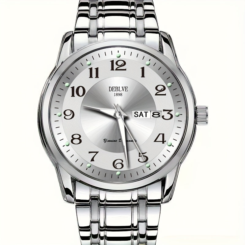 DEBLVE Men'S Fashionable Stainless Steel Watch with Luminous Numbers, Calendar & Week Display - Quartz Movement, Business Style, Ideal for Travel & Daily Use
