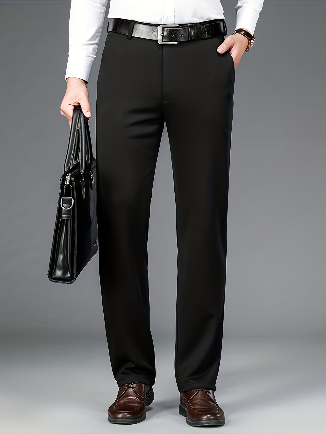 Men'S Classic Black Dress Pants - Nylon Blend, Straight Leg, Straight Leg Pants for Business Occasions
