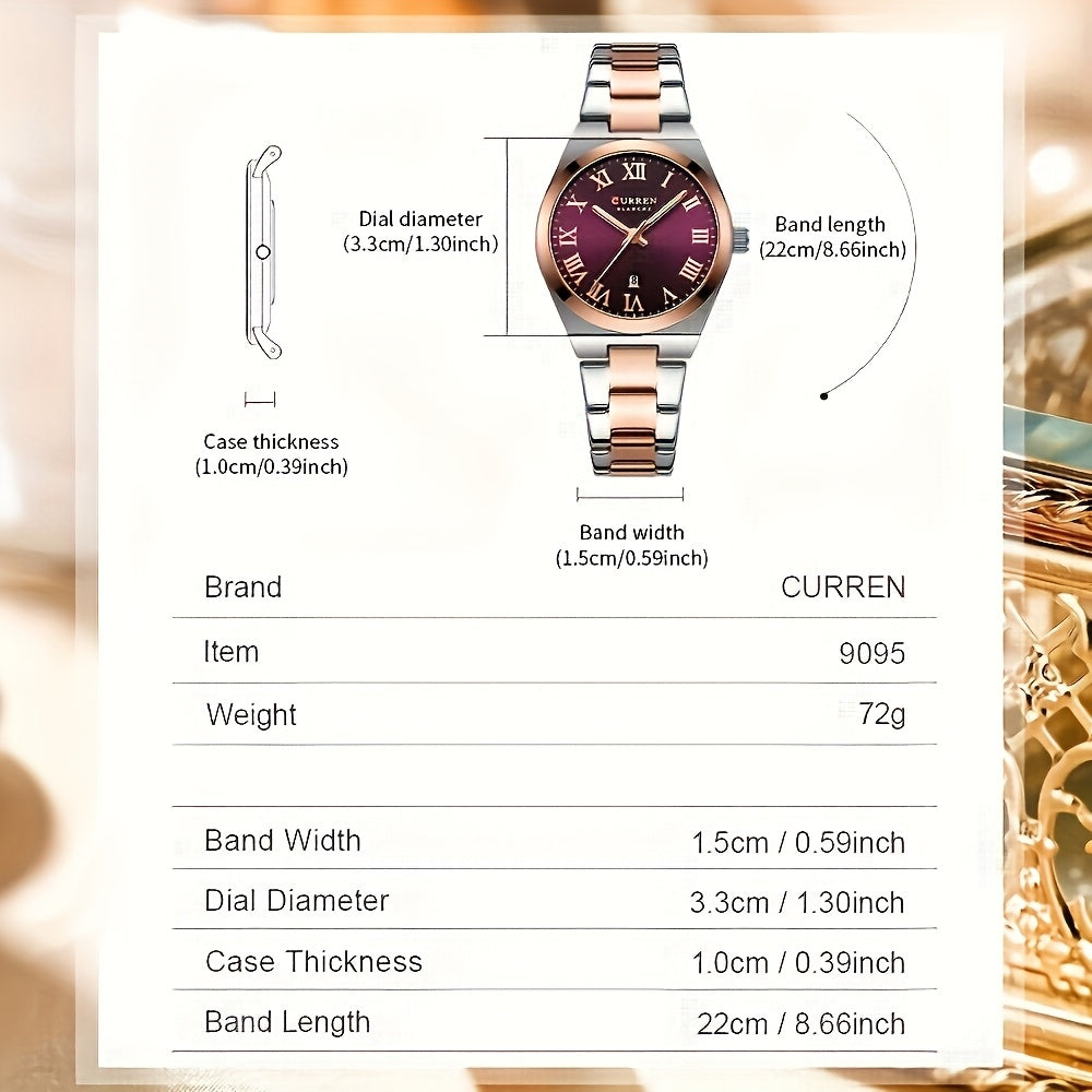 Fashionable Brand Of CURREN Ladies' Watches With A Casual And Simple Stainless Steel Strap, Featuring A Calendar And Quartz Movement.
