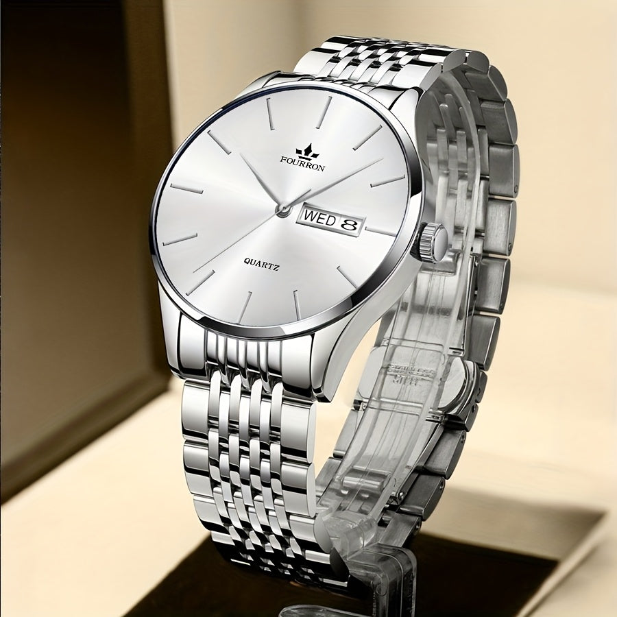 FOURRON Men's Luxury Stainless Steel Quartz Watch with Date & Calendar - Luminous, Fashionable Casual Design for Business, Travel & Casual Attire - Perfect Birthday Or Holiday Gift Valentine's Day