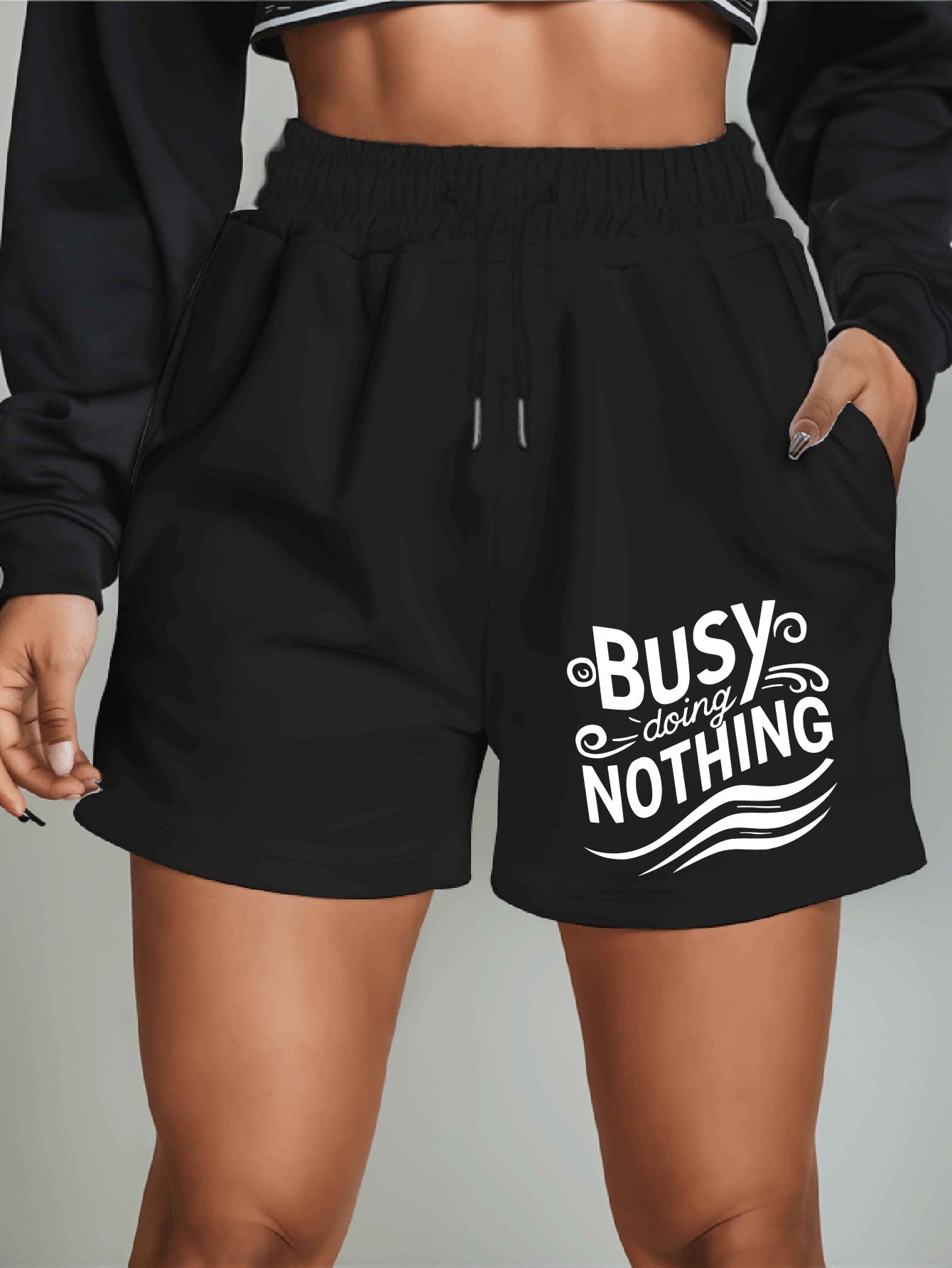Busy doing nothing 2025 New Plus Size Women'S Shorts Summer Casual Versatile Medium Pants Sports American Trendy Outerwear Extra Large Five-Fifth Pants Summer Beach Pants - Polyester, Casual, Summer, Track Shorts, Slight Stre