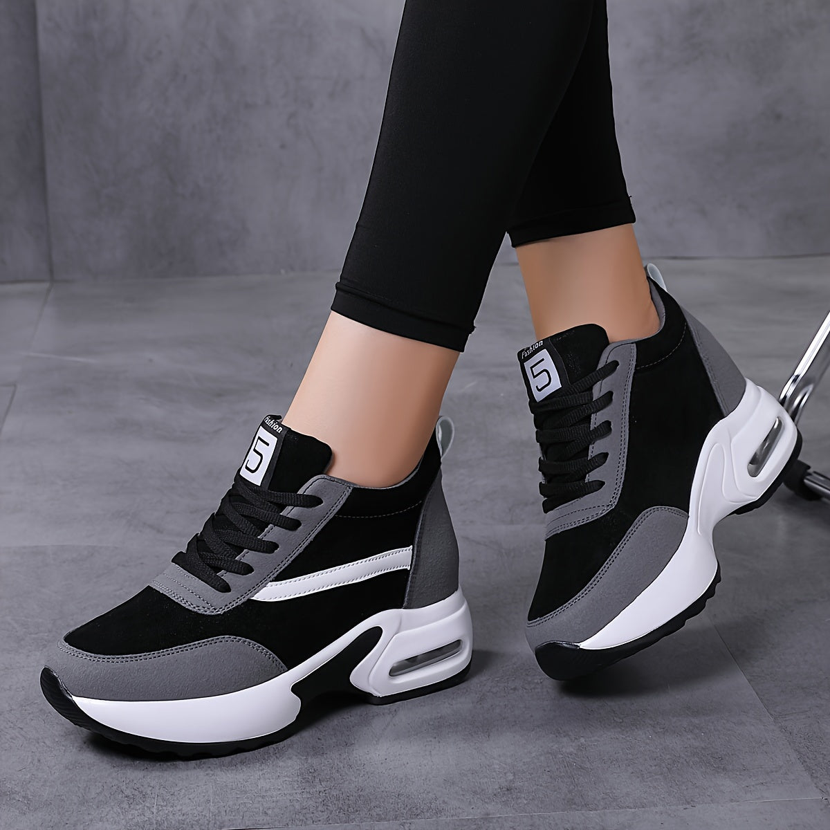 Women's Lace-up Front Chunky Sneakers With Air Cushion, Fashion Platform Sneakers With Hidden Heel For Outdoor Walking