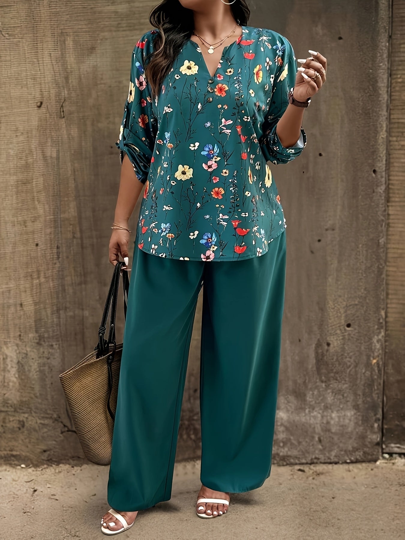Plus Size, Oriented - Plus Size Women's Vacation Style Floral Shirt and Pants Set