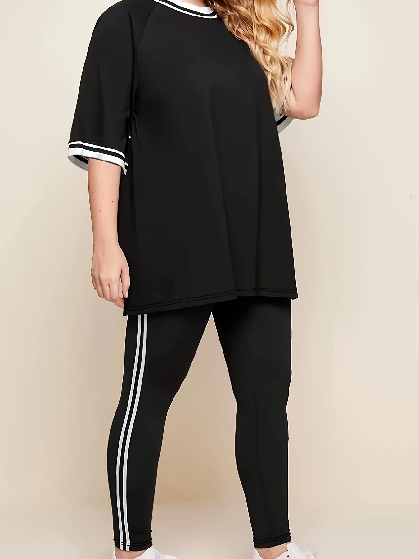 Women'S Plus Size Casual Lounge Set - Gray & White Striped Oversized T-Shirt with Matching Joggers, Comfortable All-Season Home Outfit, Joggers for Women