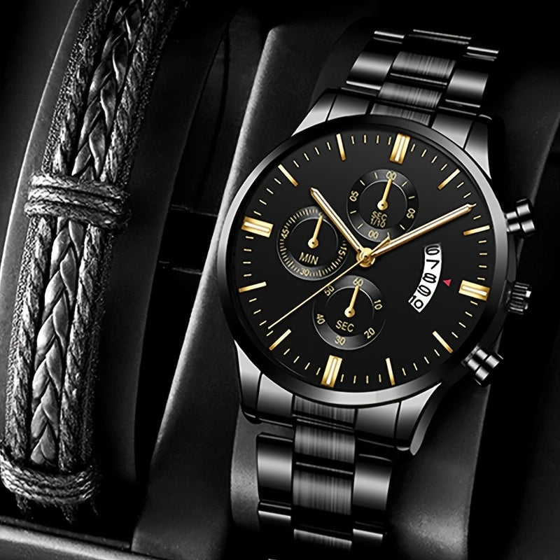 1pc Men's Stylish Black Stainless Steel Quartz Watch - Elegant Round Dial, Durable Analog Display, Perfect Gift for Valentine's Day, Birthday, Christmas, etc., Gift Watches | Elegant Wristwatches | Analog Watches