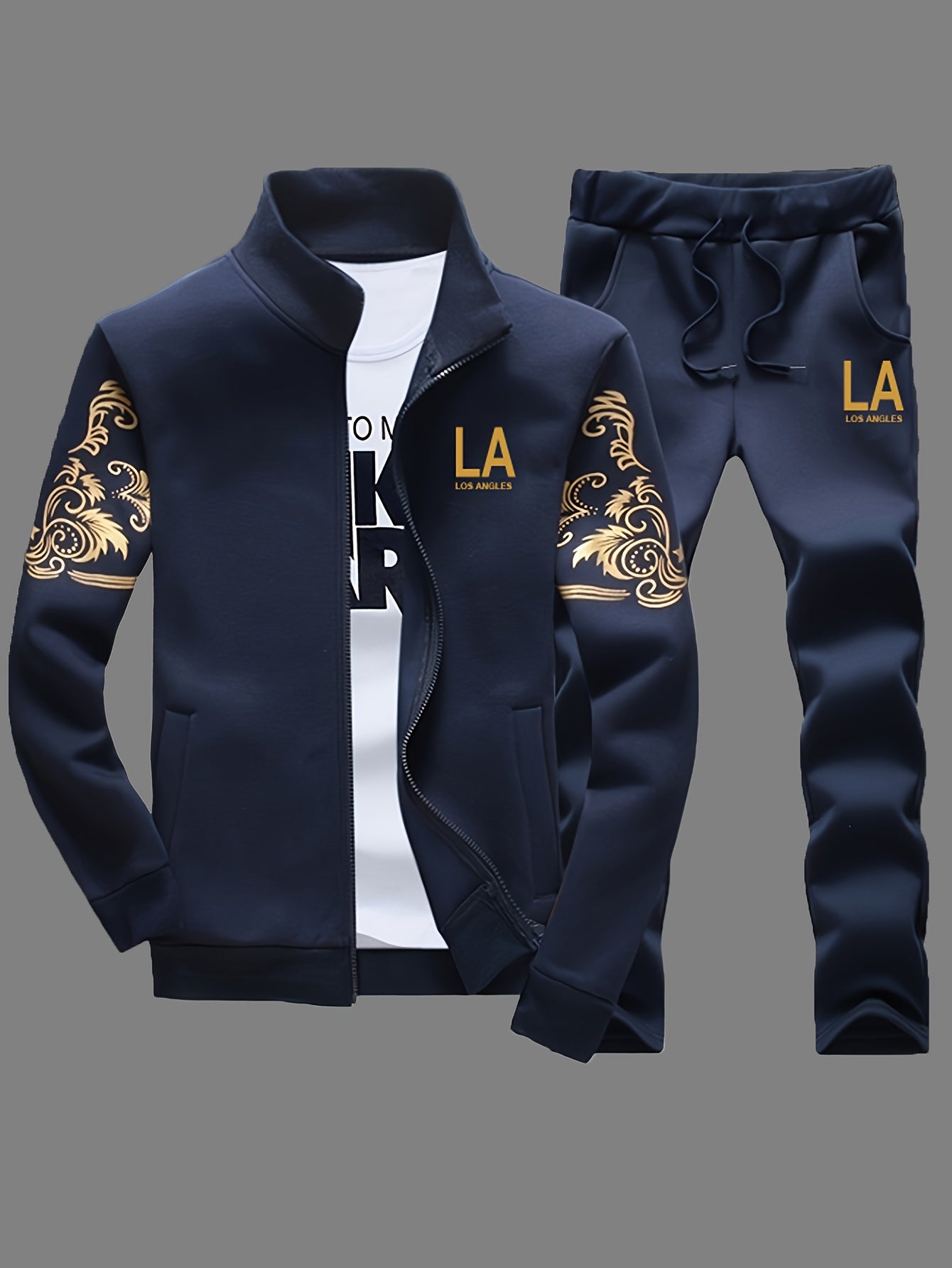 Men's Casual 2-Piece Outfit, Stylish Printed Full Zip Jacket & Drawstring Pants, Casual Sportswear Suit