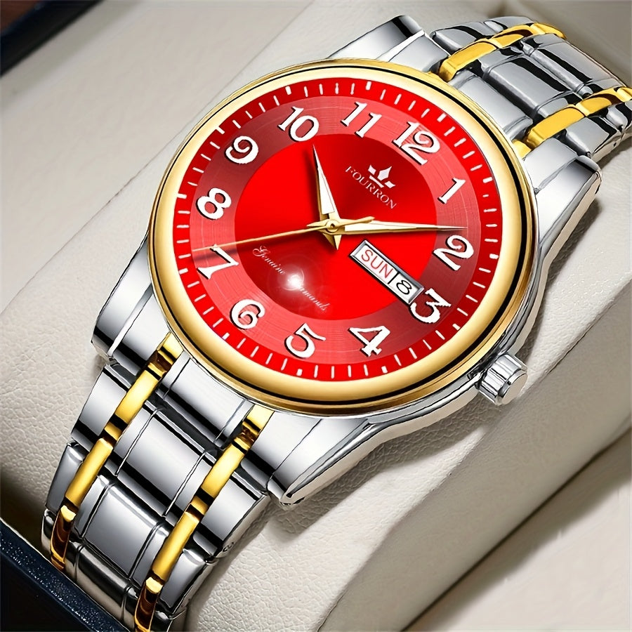 FOURRON Men's Quartz Watch - Trendy and Fashionable Appearance Stainless Steel Band with Luminous & Date Display, Ideal Gift for Birthdays & Holidays, Sunday Calendar Display, Multifunctional Watch, Casual Fashion, Gift for R
