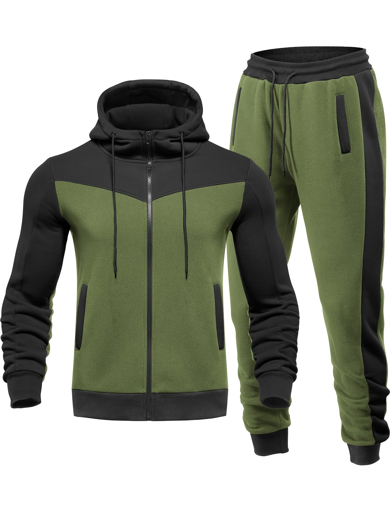 Men'S Casual Hoodie Set for Autumn And Winter, Featuring a Hooded Sweatshirt And a Sporty Cardigan in a Patchwork Design.