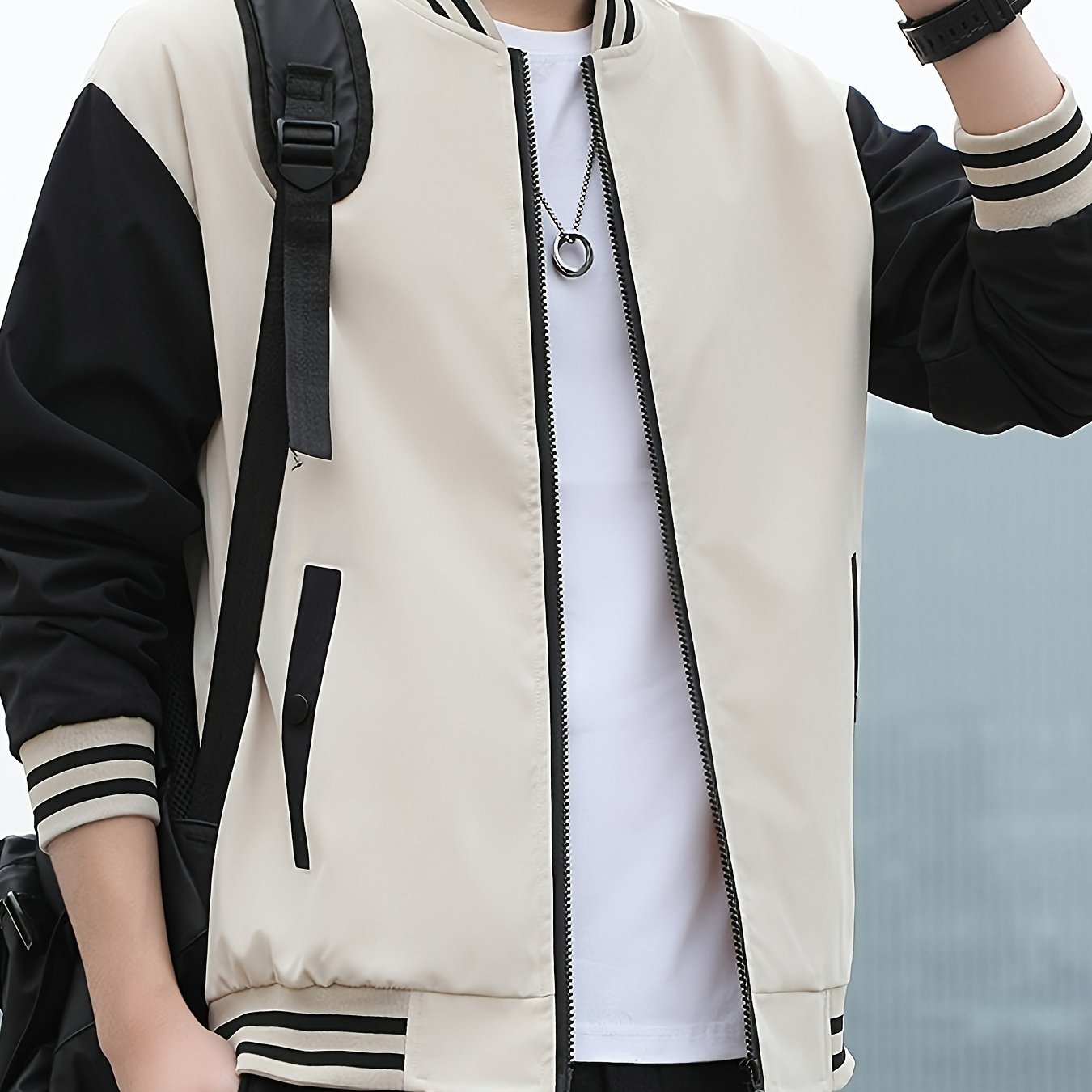 Men'S Lightweight Geometric Pattern Bomber Jacket - Casual Long Sleeve Zip-Up with Pockets, White & Gray, Polyester Lining, Perfect for Fall, Autumn Jacket