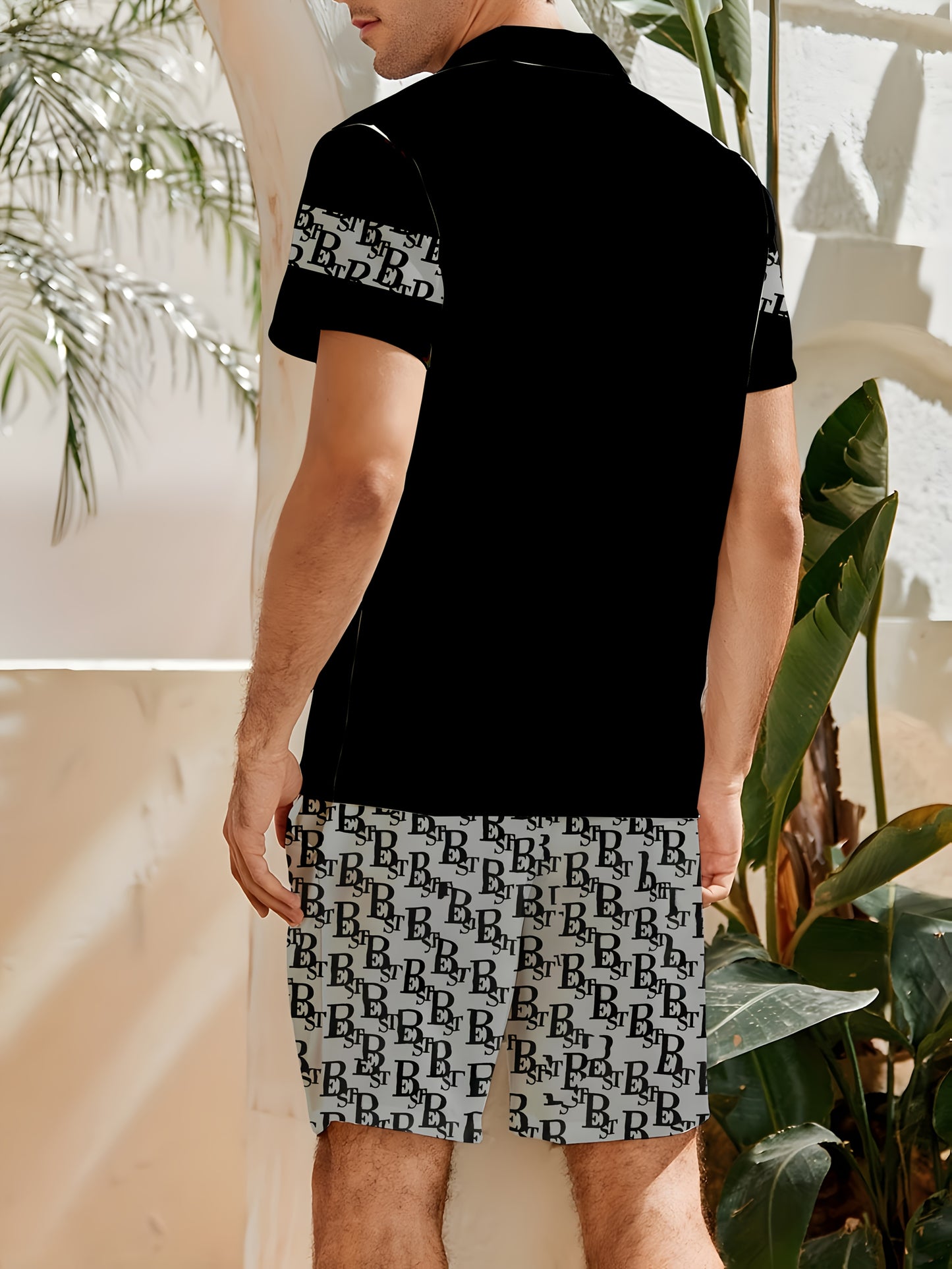 Men'S Casual Tropical Letter Print Pajama Set - Short Sleeve Shirt with Button- Collar & Shorts with Pockets, Comfortable Non-Stretch Fabric, All-Season Home Wear, Relaxed Fit, Home Comfort Clothing | Relaxed Fit Shorts | But