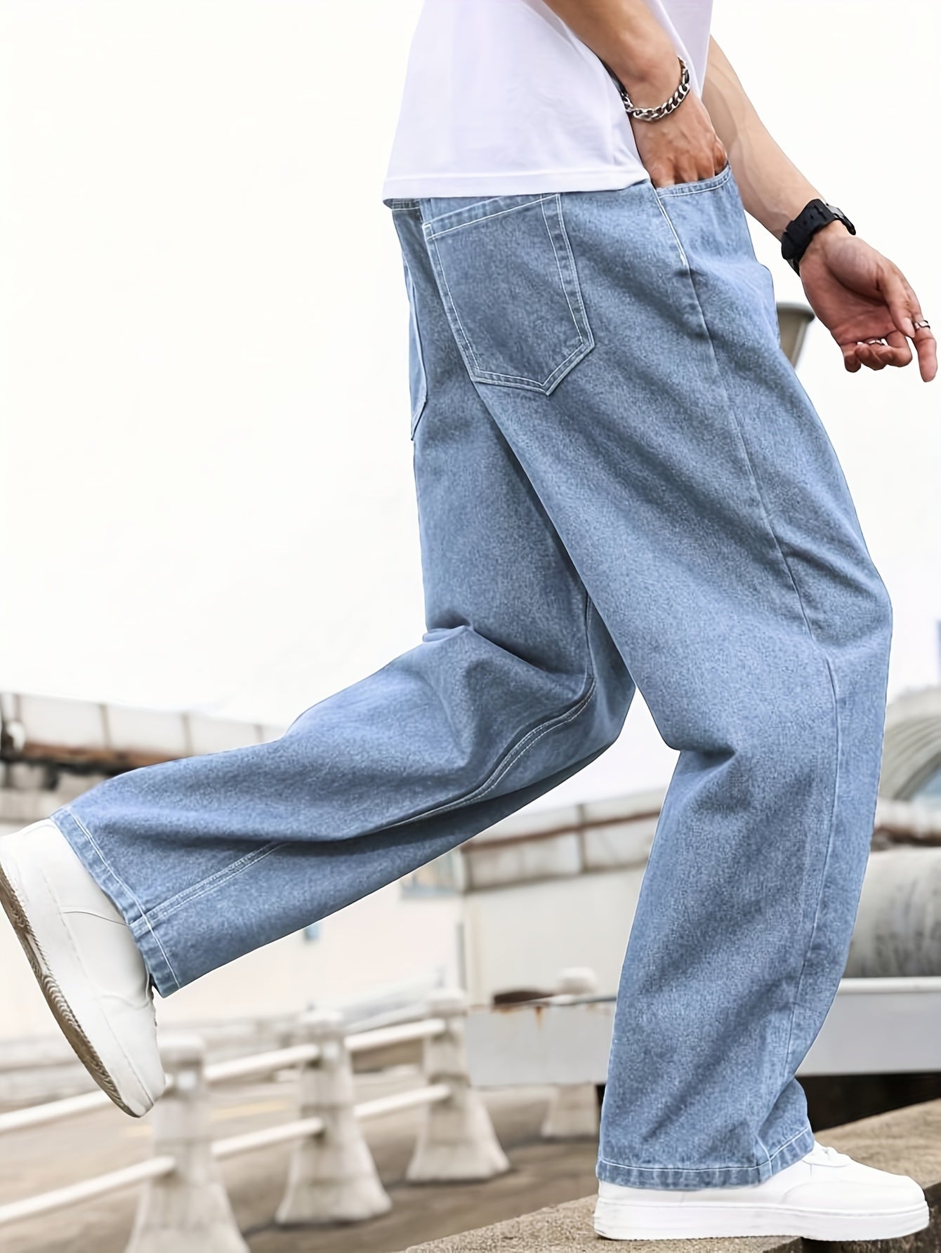 Men'S Loose-Fit Jeans, Cotton Blend Street Style Denim Pants, Non-Stretch Solid Color, Regular Length, with Multiple Pockets for All-Season Wear