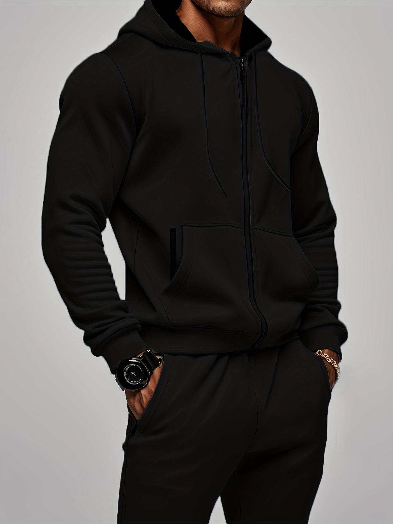 2pcs Men's Solid Color Hooded Long Sleeve Sweatshirt + Pants Set, Casual Co-ord Sports Fitness Set