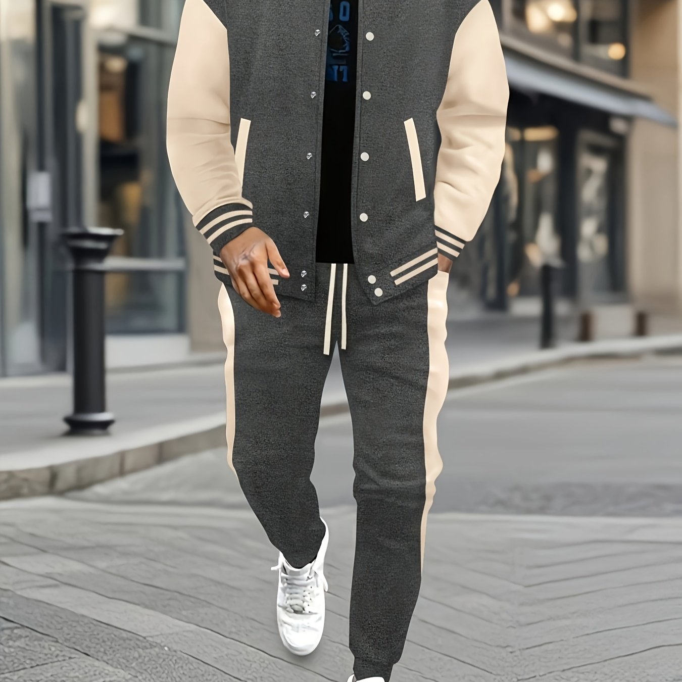 Men's Casual Baseball Jacket & Pants Set - Color Block, Polyester, Button-Up with Belt Detail for Spring/Fall