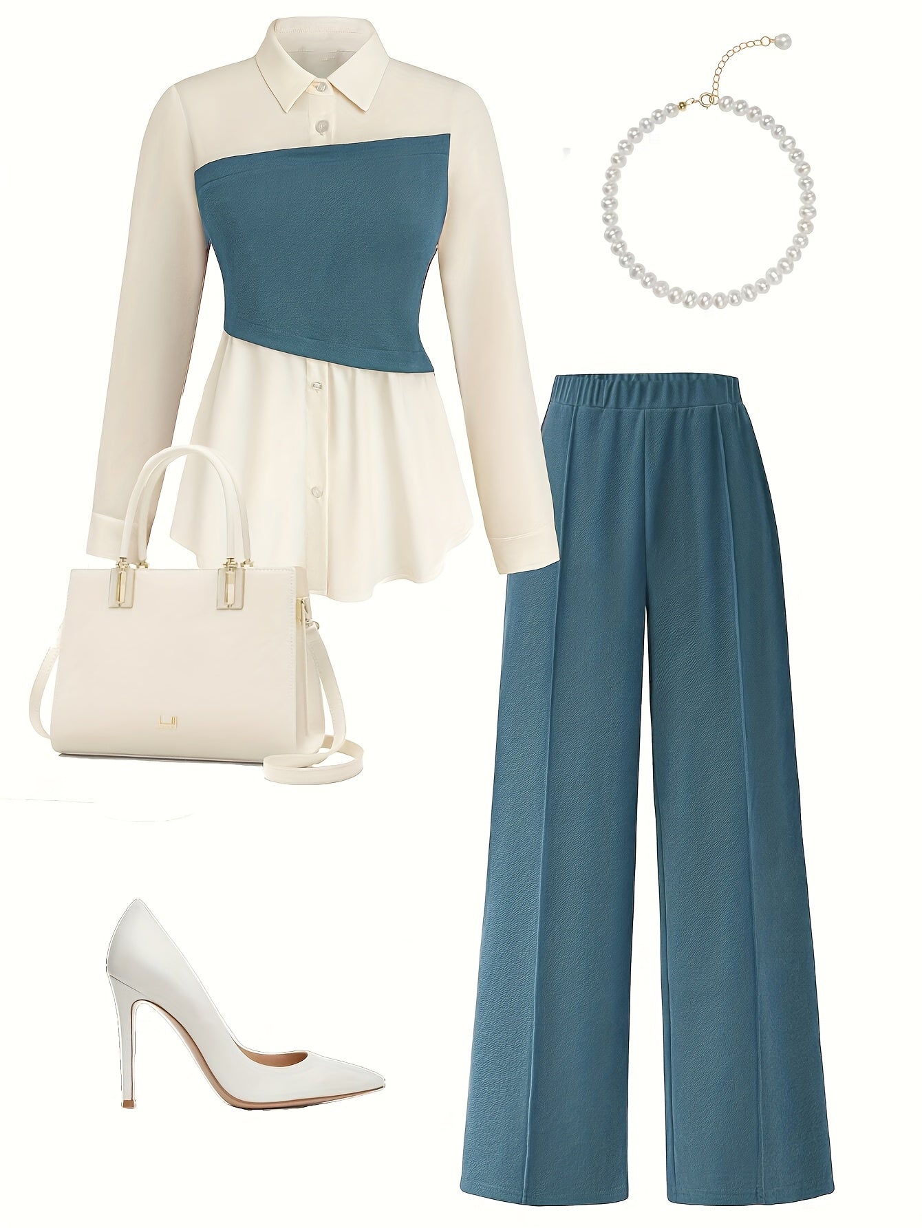 Elegant daily commuting two-piece set for ladies, featuring a color-blocked and pieced-together shirt and wide-leg trousers, suitable for all four seasons and machine washable.