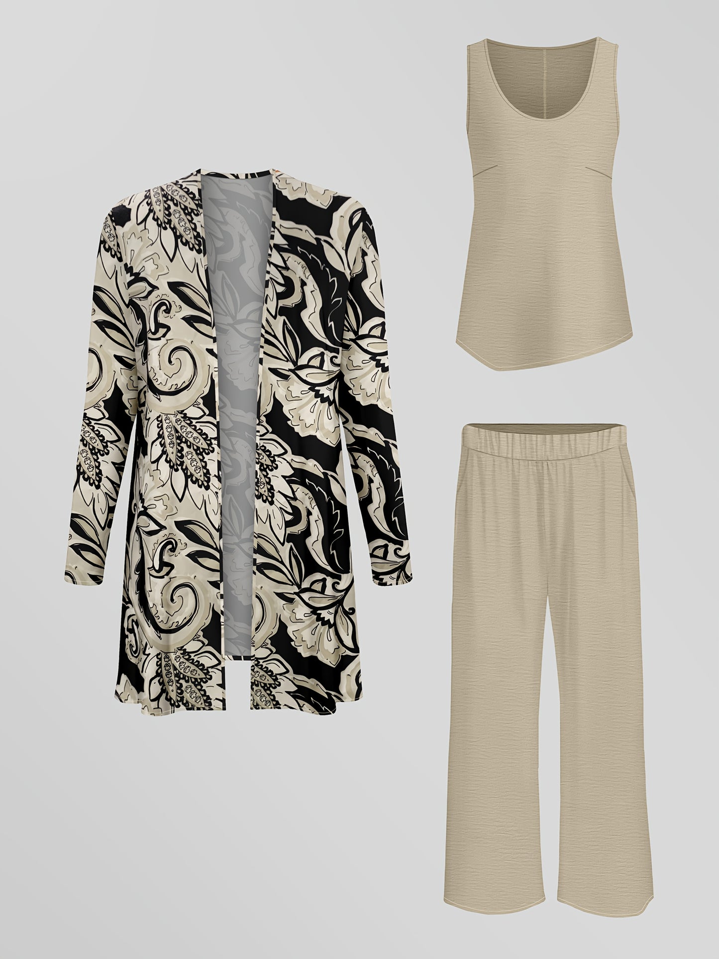 Fashionable and suit, printed long-sleeved cardigan jacket with solid color vest and casual trousers, daily three-piece suit