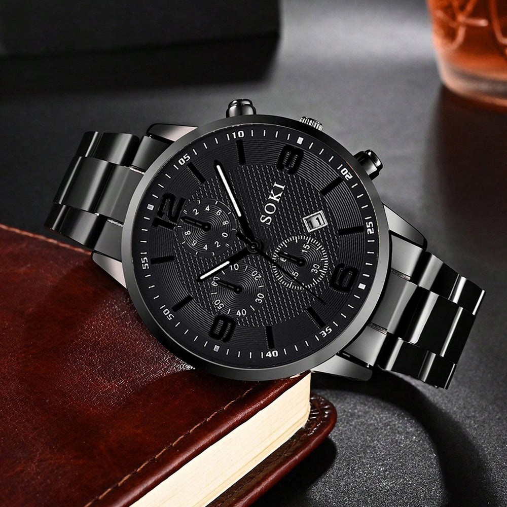 1pc Men'S Fashionable Business Quartz Watch with Black Dial, Stainless Steel Band & Alloy Case - Ideal Gift for Father, Husband, or Friend - Everyday Wearable Timepiece, Formal Accessory | Sleek Black Watch | Alloy Case Watch