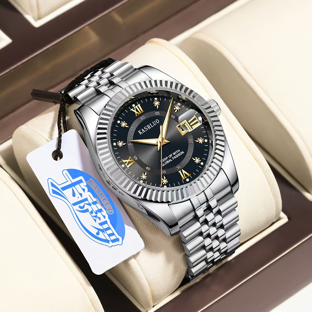 KASRLUO Elegant Men's Quartz Watch - Luminous Date Display, Golden-Tone Stainless Steel Band, Business Style with Rhinestone Detailing, Battery Operated