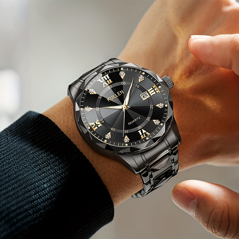 Men's Stylish Business Quartz Watch with Stainless Steel Strap & Alloy Case, Round Blue Dial with Golden Accents – Elegant Analog Display for Formal Occasions, Valentine's Day, Thanksgiving, and Ramadan Gifts