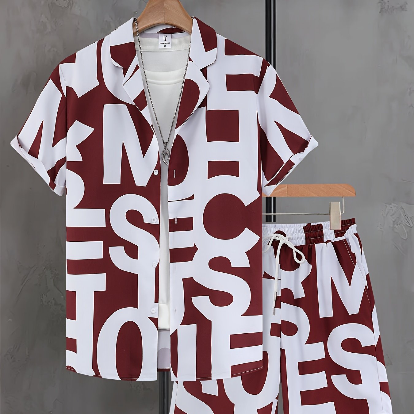 Men's Suit with Black and White Letter Print, Short Sleeve, Open Collar Shirt and Shorts, Casual Set